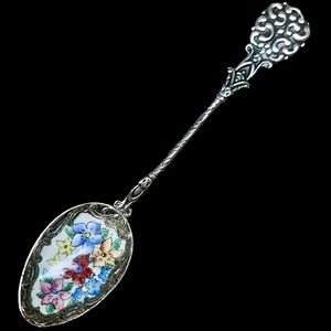 Czechoslovakian Collectible Spoon with Enamel Bowl of Flowers
